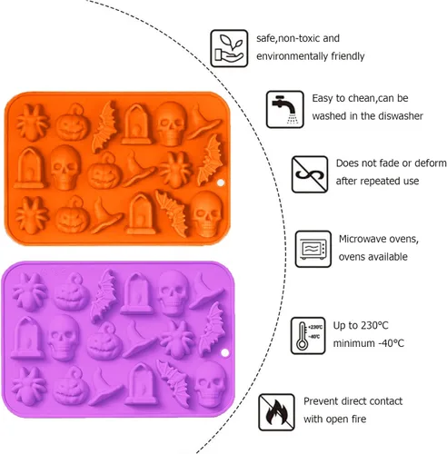Miniatura 4 de VICDUEKG Molde de chocolate de Halloween, 2 piezas de molde de silicona para hornear de Halloween, calabaza, murciélago, calavera, molde de silicona