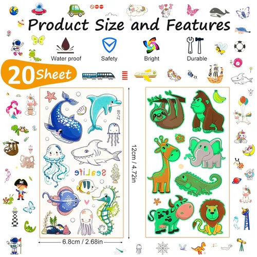 Miniatura 7 de Habett Tatuajes temporales luminosos para niños, más de 200 estilos mixtos de tatuajes temporales, juego de calcomanías para niñas y niños