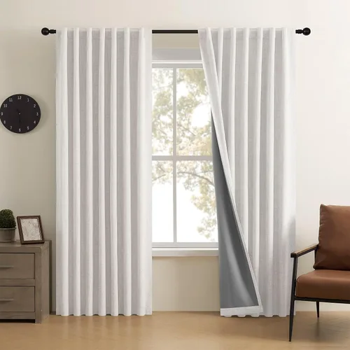 Miniatura 23 de CUCRAF Juego de 2 paneles de cortinas 100% opacas de lino de 84 pulgadas de largo, con pestaña trasera y bolsillo para barra para sala de estar