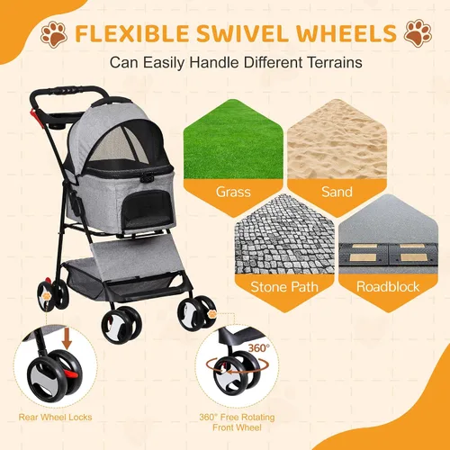 Miniatura 5 de ZENY Cochecito para mascotas, cochecito plegable 3 en 1 para perros y gatos con 4 ruedas, cesta desmontable y soporte para tazas, transportador Gris