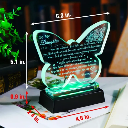 Miniatura 2 de YWHL Regalo para mi Hija de Papá Mamá, Mejores Regalos de Cumpleaños para Hija Adulta, Recuerdo de Vidrio en Forma de Mariposa con Base de Luz