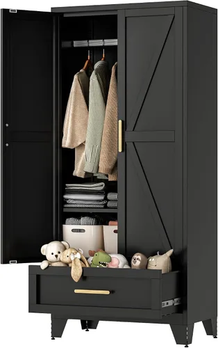 LCAOPC Armario de metal de 71 pulgadas de alto con cajón y barra para colgar, armario de 2 puertas con estante para dormitorio, oficina, lavandería,