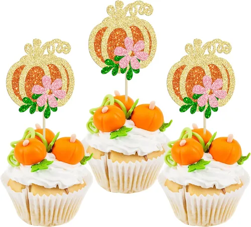 24 adornos de calabaza para cupcakes con purpurina para otoño, hojas, flores, calabaza, cupcakes, decoración de pasteles para Halloween, decoración