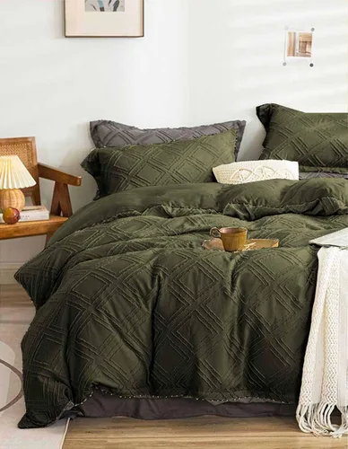 Miniatura 9 de Nanko Juego de edredón tamaño Queen de color verde oscuro con mechones bohemio suave shabby chic reversible alternativo al plumón de microfibra