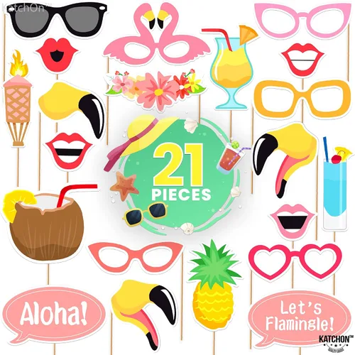 Miniatura 2 de KatchOn, Luau - Accesorios para cabina de fotos – Paquete de 21 Accesorios para cabina de fotos tropicales, decoraciones de fiesta de Luau Playa