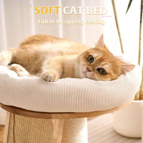 Miniatura 6 de HITTITE Torre de árbol para gatos de madera maciza, poste rascador para gatos con cama, árbol pequeño para gatos de 27 pulgadas, torre compacta