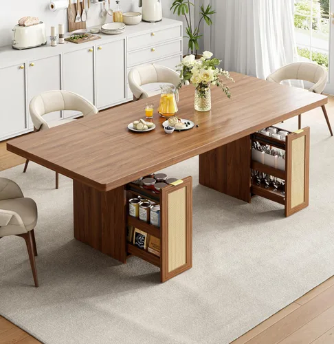 LIKIMIO Mesa de comedor de granja de 78.7 pulgadas para 6-8 personas, parte superior de madera extra gruesa con 2 cajones de almacenamiento Marrón