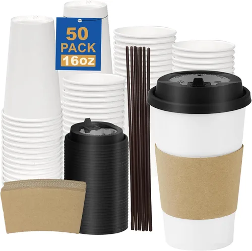 Miniatura 58 de Paquete de 100 tazas de café desechables de pared ondulada corrugada de 16 onzas con tapas y pajitas, tazas aisladas resistentes para bebidas