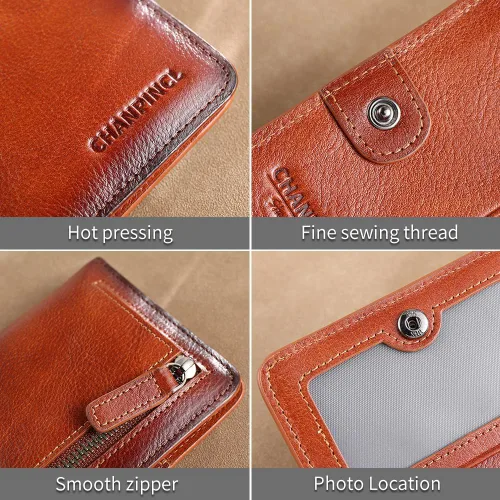 Miniatura 6 de Cartera de cuero con cremallera para hombre, con bloqueo RFID, mini billetera portátil con múltiples ranuras para tarjetas para billetes, marrón