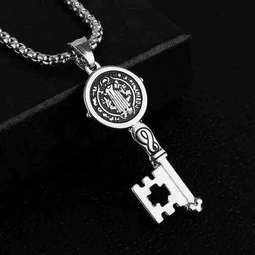 Miniatura 4 de HZMAN Collar de exorcismo de San Benito de acero inoxidable con circonita dorada y plata católica, colgante de cruz para hombres y mujeres, regalo