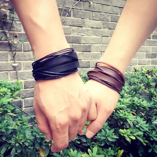 Miniatura 6 de Pulsera de piel auténtica para hombre y mujer, multicapa, ajustable, con cuerda multicolor, latín, Negro, C0020