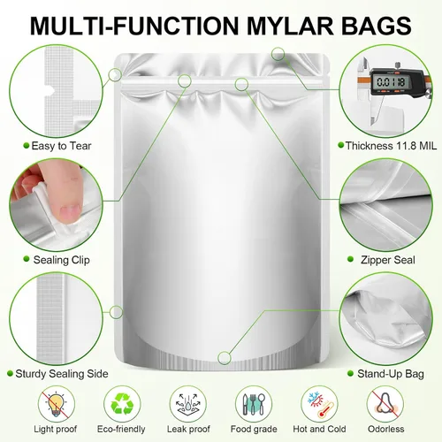 Miniatura 3 de Bolsas Mylar de 5 galones para almacenamiento de alimentos: paquete de 10 bolsas gruesas de larga duración con absorbentes de oxígeno, bolsa