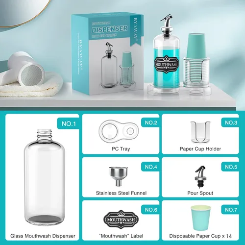 Miniatura 3 de Dispensador de enjuague bucal para baño con portavasos, contenedor de vidrio desmontable para enjuague bucal de 16 onzas, dispensador de enjuague