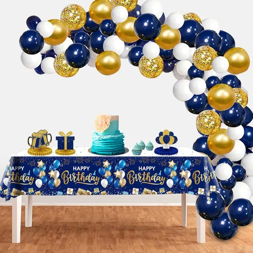 Miniatura 4 de DUAIAI Decoraciones de feliz cumpleaños, 3 manteles de cumpleaños azul marino y dorado para niños, niñas, hombres y mujeres, funda de mesa