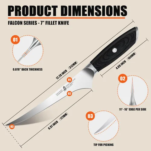 Miniatura 3 de TUO Cuchillo de filete, cuchillo profesional para deshuesar peces de 7 pulgadas para recortar carne y aves de corral, hoja flexible, acero alemán