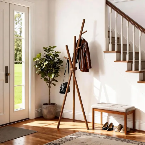 Miniatura 4 de VICITON Perchero de madera, trípode independiente con 3 ganchos para ropa, sombreros y bolsos, perchero para dormitorio, sala de estar, entrada