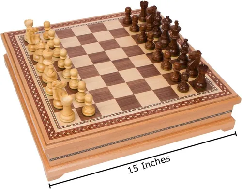 Miniatura 2 de Helen - Juego de mesa de ajedrez con incrustaciones de madera con piezas de madera pesadas, tamaño grande de 15 x 15 pulgadas