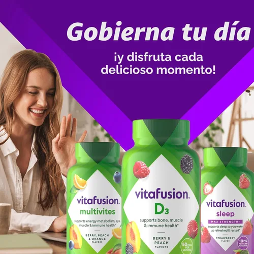 Miniatura 10 de Vitafusion Gomitas de Vitamina D3, Apoyo Óseo e Inmune, Sabor Melocotón, Zarzamora y Fresa, Suplemento de Vitamina D3 en Gomitas de 50 mcg