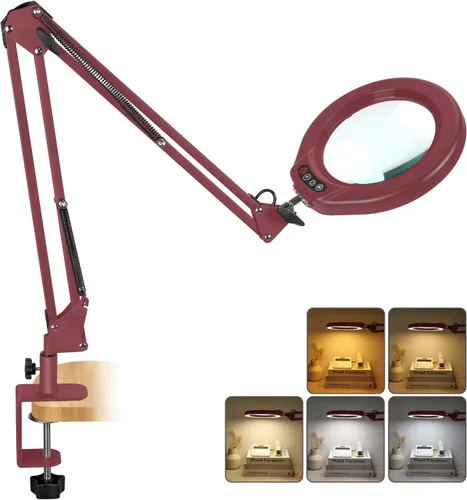 Miniatura 10 de VEEMAGNI Lupa grande de cristal real de 12 x 5 pulgadas con luz y soporte, 5 modos de color regulable, brazo giratorio largo LED abrazadera lámpara