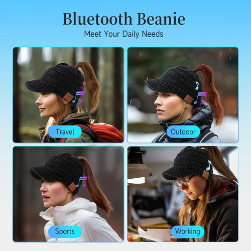 Miniatura 4 de Gorro Bluetooth para mujer con agujero para cola de caballo, gorro con auriculares integrado, micrófono integrado, regalos para mujer, W2-negro