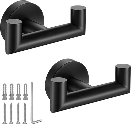 Ganchos para toallas para baños, gancho negro mate para toallas de cocina y baño, gancho de acero inoxidable SUS304, ganchos dobles resistentes para