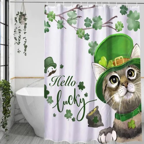 Roszwtit Cortina de ducha para el día de San Patricio, Día de San Patricio, diseño de tréboles de gato, para baño, decoración del hogar, tela 01.st