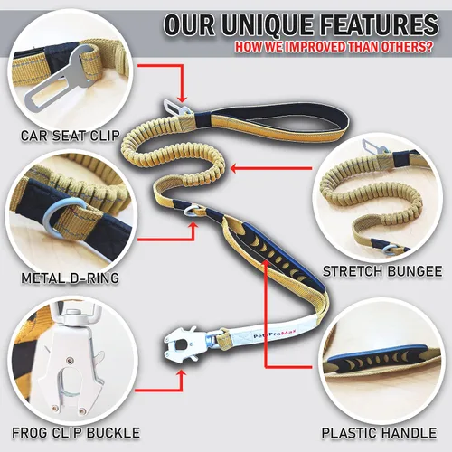 Miniatura 3 de PetsProMax - Correa táctica para perro, correa elástica resistente con clip de metal para cinturón de seguridad de automóvil y hebilla de rana