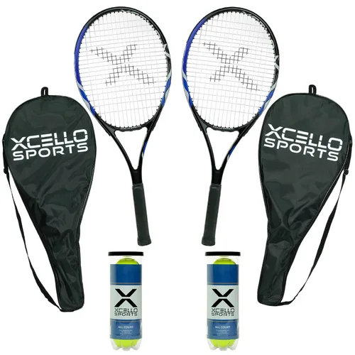 Xcello Sports Juego de raquetas de aluminio de 23 pulgadas (azul/negro) con 2 tubos de pelotas de tenis y 2 fundas