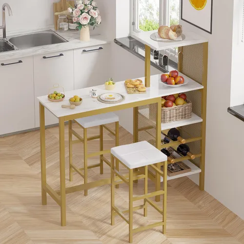 Miniatura 10 de VECELO Bar Table and Chairs Set for 2, 3-Piece Dining Set with Storage Shelves, Cup Holder & Wine Rack, PU Leather Cushion Stools, for Kitchen Small
