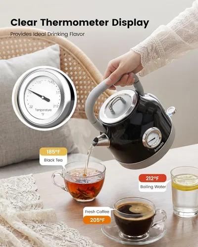Miniatura 5 de Amaste Hervidor Eléctrico, Hervidor Eléctrico Retro de Té con Termómetro, Hervidor de Agua Caliente de 57 Oz para Café y Té, Acero Inoxidable 304