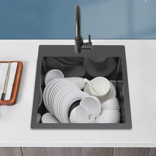 Miniatura 7 de Fregadero de cocina negro de acero inoxidable de 18 x 18 pulgadas, montaje superior, fregadero de cocina y bar, juego de fregadero de un solo tazón