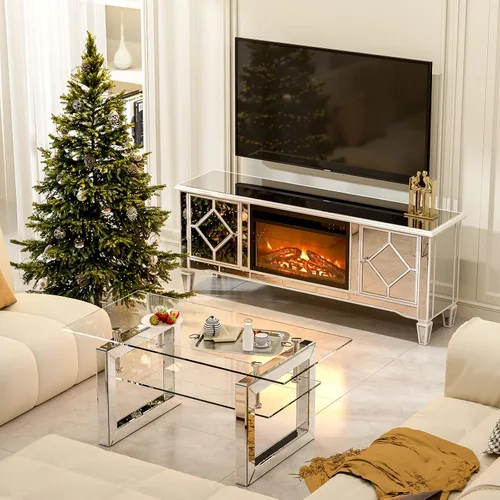 Miniatura 9 de IKIFLY Soporte de TV con espejo con chimenea para TV de más de 75 pulgadas, centro de entretenimiento con chimenea eléctrica plateada con 7