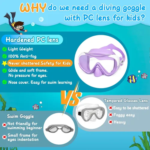 Miniatura 4 de Máscara de natación para niños, máscara de buceo de esnórquel de 180°, gafas de natación antivaho para niños con cubierta para la nariz, gafas