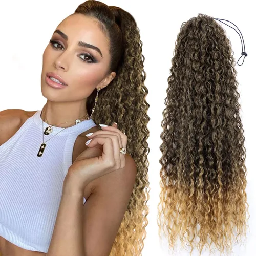 Miniatura 8 de Cola de caballo larga y rizada con cordón de 30 pulgadas, extensiones de cola de caballo sintéticas con clip, color negro para mujer, afro rizado