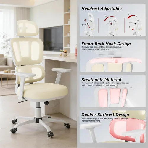 Miniatura 3 de Silla de oficina con respaldo alto, silla de escritorio de malla, silla ergonómica para computadora con reposacabezas, reposabrazos ajustables 3D
