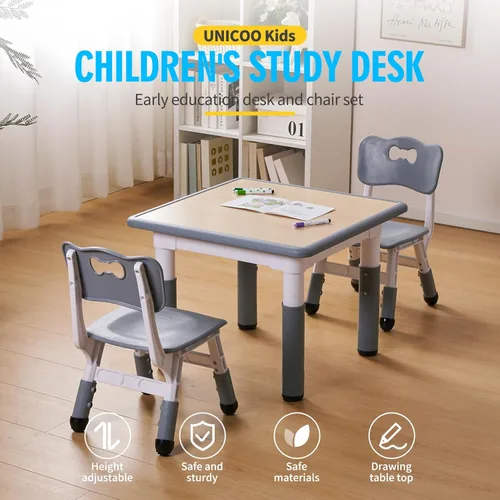 Miniatura 2 de UNICOO - Juego de mesa y sillas de estudio de tres piezas para niños de 23 x 23 pulgadas, escritorio artístico de plástico para niños de altura Tapa