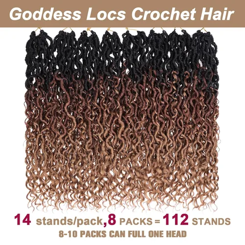 Miniatura 5 de COOKOO 18 pulgadas New Goddess Locs Crochet Hair 8 paquetes Ombre 3 tonos, onduladas, pelo sintético con rizos, trenzas de ganchillo rizadas