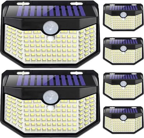 HMCITY 120 luces LED solares para exteriores con sensor de movimiento y 3 modos de iluminación, IP65 impermeables, luces solares de pared anchas
