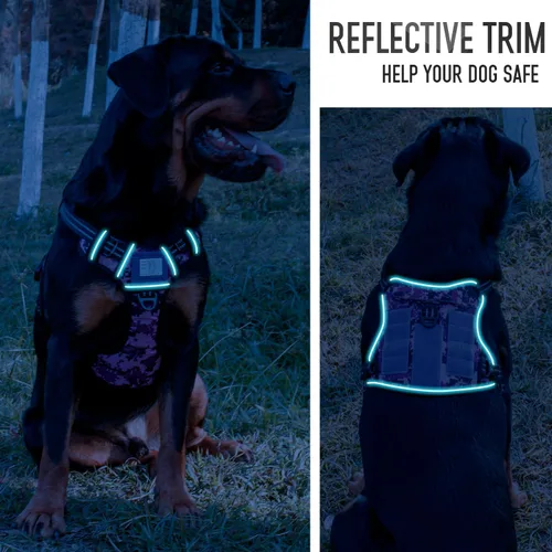 Miniatura 6 de Arnés táctico para perros medianos y grandes, camuflaje morado, control ajustable sin tirones con asa, chaleco reflectante resistente, talla M