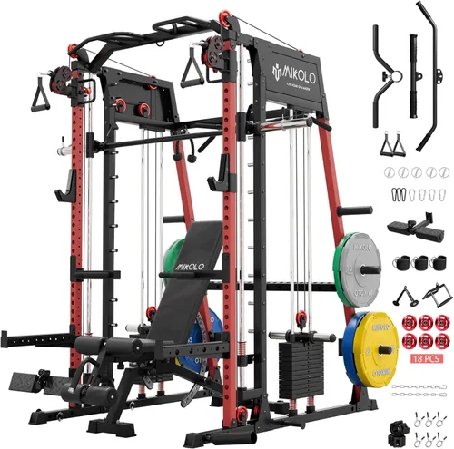 Máquina de Smith Mikolo, banco de sentadillas de 2200lbs con sistema de tracción LAT y máquina de cruce de cables, equipo de entrenamiento con Rojo
