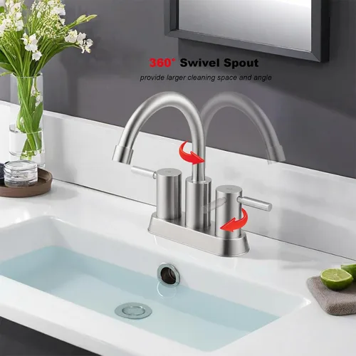 Miniatura 4 de IKEBANA Grifo de baño de níquel cepillado, grifos de lavabo de baño de 2 asas tipo centerset, boquilla giratoria de arco alto de 360°, moderno grifo