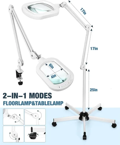 Miniatura 6 de Lupa 10X con luz y soporte, lámpara de pie rectangular grande con lente de vidrio óptico con base rodante de 5 ruedas, 5 modos de color LED