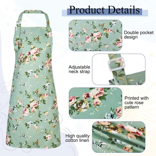 Miniatura 3 de Auidy_6TXD Paquete de 3 delantales florales para mujer, delantales de cocina ajustables con 2 bolsillos, delantal vintage con diseño floral de rosa