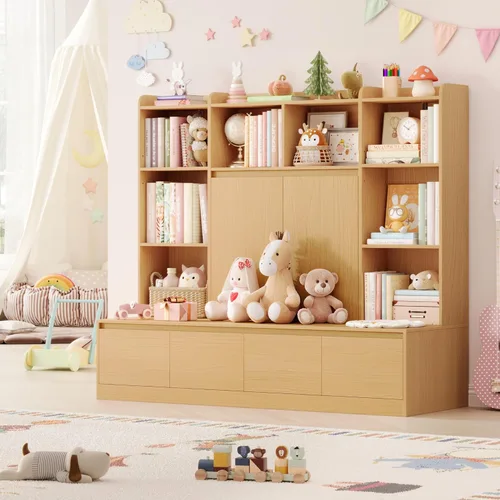 Miniatura 7 de HIFIT Estantería 4 en 1 para niños y organizador de almacenamiento de juguetes con banco, estantería para niños de 10 cubos con rincón de lectura