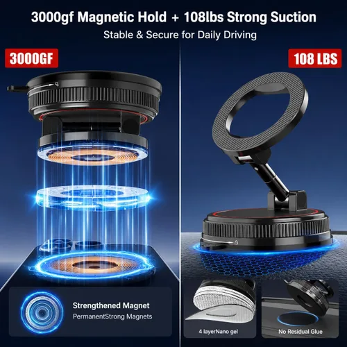 Miniatura 2 de Soporte magnético para teléfono de automóvil, compatible con MagSafe, soporte de automóvil con succión al vacío de 108 libras, soporte magnético