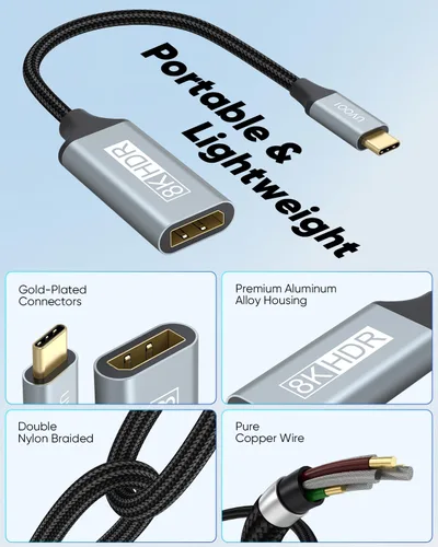 Miniatura 7 de Adaptador USB C a DisplayPort 1.4 8K a 60Hz, adaptador USBC a DisplayPort compatible con Thunderbolt 5/4/3 (4K @240Hz/144Hz, HDR, 32.4Gbps DP)