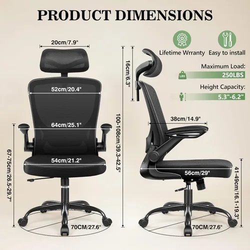 Miniatura 2 de BESTFAIR Silla de oficina ergonómica, sillas de oficina de malla transpirable con soporte lumbar ajustable, brazos abatibles, silla de escritorio