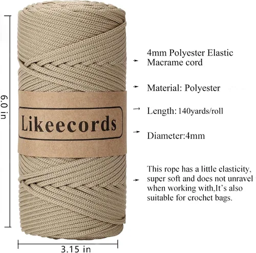 Miniatura 2 de Likeecords 3 madejas de cordón trenzado de poliéster de 0.157 in de macramé, de 140 yardas/426 pies, hilo elástico para bolsa de ganchillo para Caqui