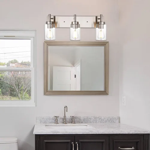 Miniatura 2 de Lámpara de tocador para baño, níquel cepillado, 3 luces, moderna lámpara de pared con pantalla de vidrio transparente, lámpara de pared rústica
