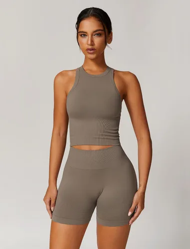 Miniatura 36 de Conjuntos de entrenamiento para mujer, 2 piezas, sin costuras, acanalada, sin mangas, brasier deportivo, cintura alta, pantalones cortos